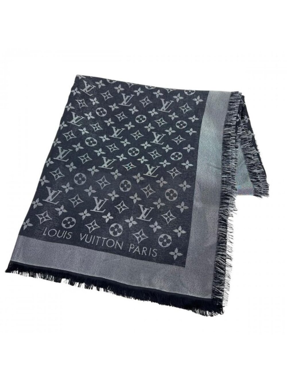 Louis Vuitton Shawl Monogram Shine Large Silk Wool Rayon Black Scarf